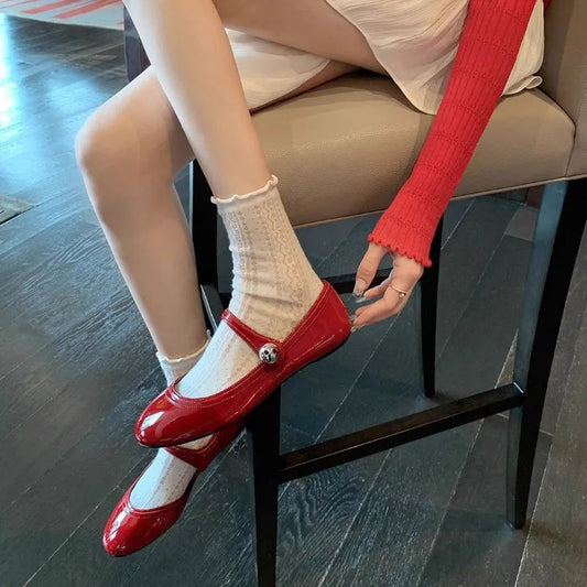 Cartoon Leather Mary Jane Shoes Lolita Red Black Flat Keel Thin Shoes Girl