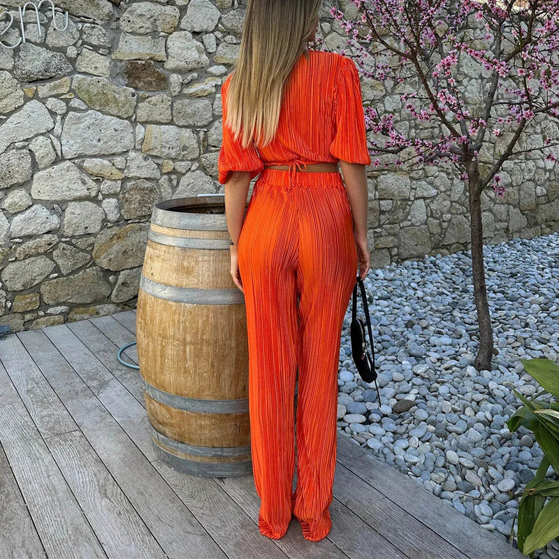 Summer Orange Pleated Pants Two Piece Sets Suits Laceup Tops and High Waist Trousers 2 Piece Sets