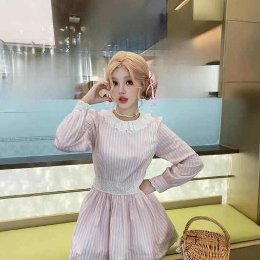 Sweet Dresses Lace Patchwork Striped O Neck Spring Peter Pan Collar Long Sleeve Mini Dress Party Female