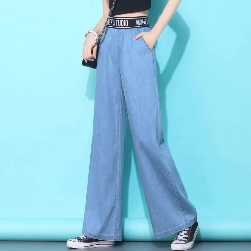 Lyocell Jeans Wide Leg Long Pants Straight Loose High Waist Sport Pants Female Office Trousers Lady Work Wear Thin