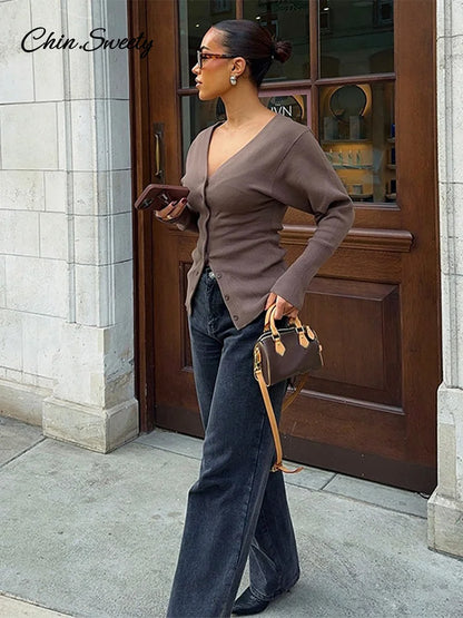 Knit Cardigans V-neck Long Sleeve Slim Button Sweater Female Autumn Winter Lady Knitwear New