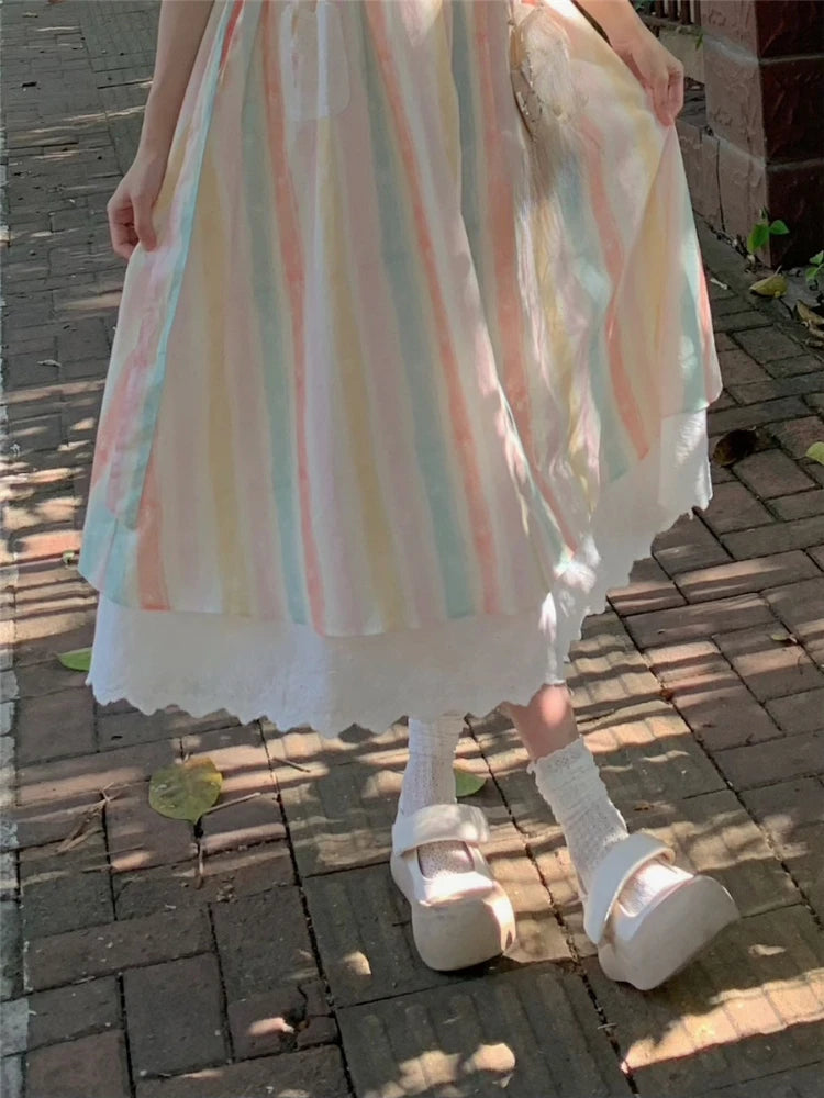 Japanese Kawaii Rainbow Midi Dress Slim Design Print Striped Sleeveless Camisole Dress Even Party Lolita Clothing