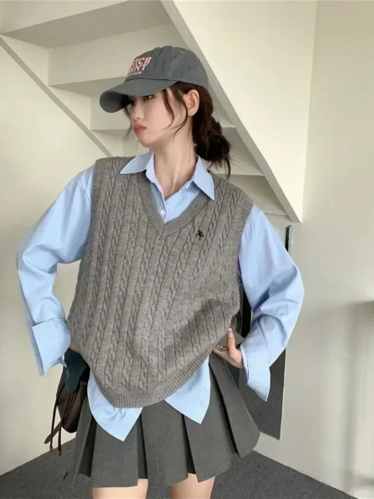 Sweater Cardigan Sleeveless Top Sweater Knitted Vest Commuter Style Clothes Preppy Look Autumn Winter Woolly