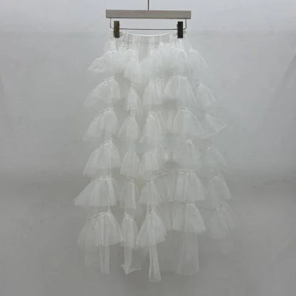 High Street Pleated Loose Midlength Skirt Summer New Korean Color All Match Mesh Aline Skirt