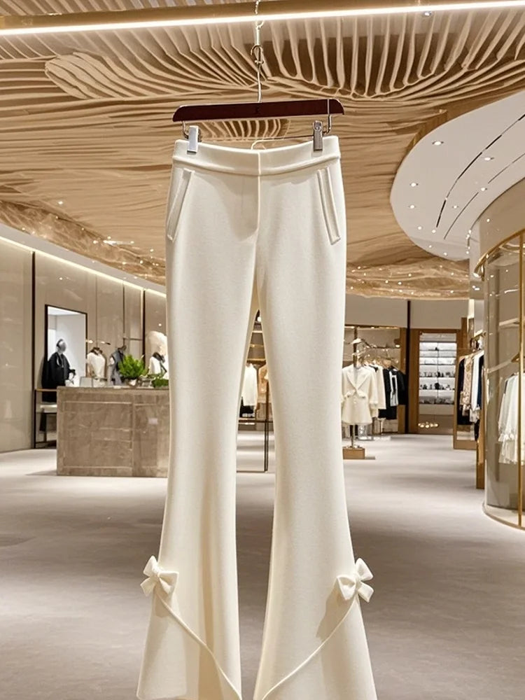 Winter Thick High Waist White Knitted Pants for Korean Sweet Bow Slimming Straight Tube Flare Pants Trousers