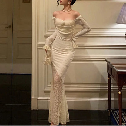 Lace Maxi Dresses for Off Shoulder Bodycon Mermaid Autumn Birthday Evening Party Prom Robe Vestidos Mujer New