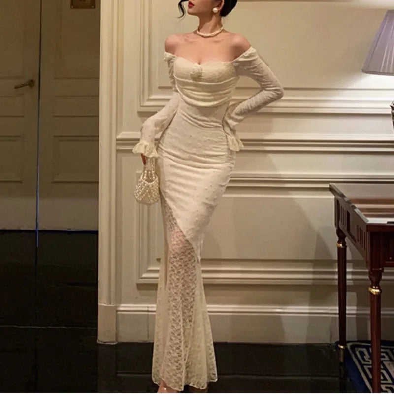 Lace Maxi Dresses for Off Shoulder Bodycon Mermaid Autumn Birthday Evening Party Prom Robe Vestidos Mujer New