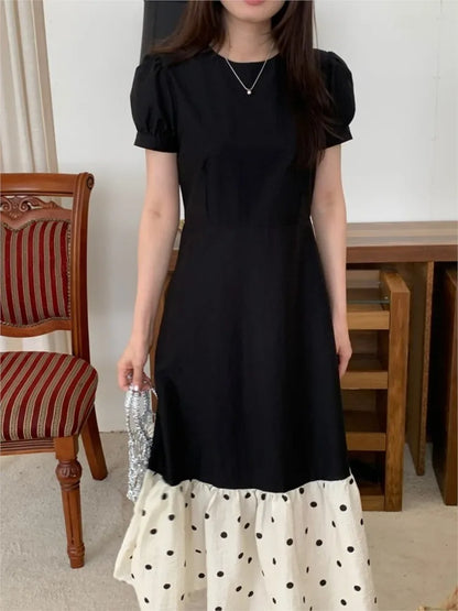 French Black Midi Dresses for Puff Sleeve A-line Patchwork Dot Korean One Piece Vestido Autumn New