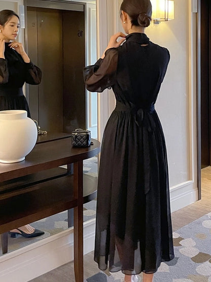 Midi Dresses for Long Sleeves Half High Collar Lace-up A-line Korean Autumn New One Piece Vestido Mujer