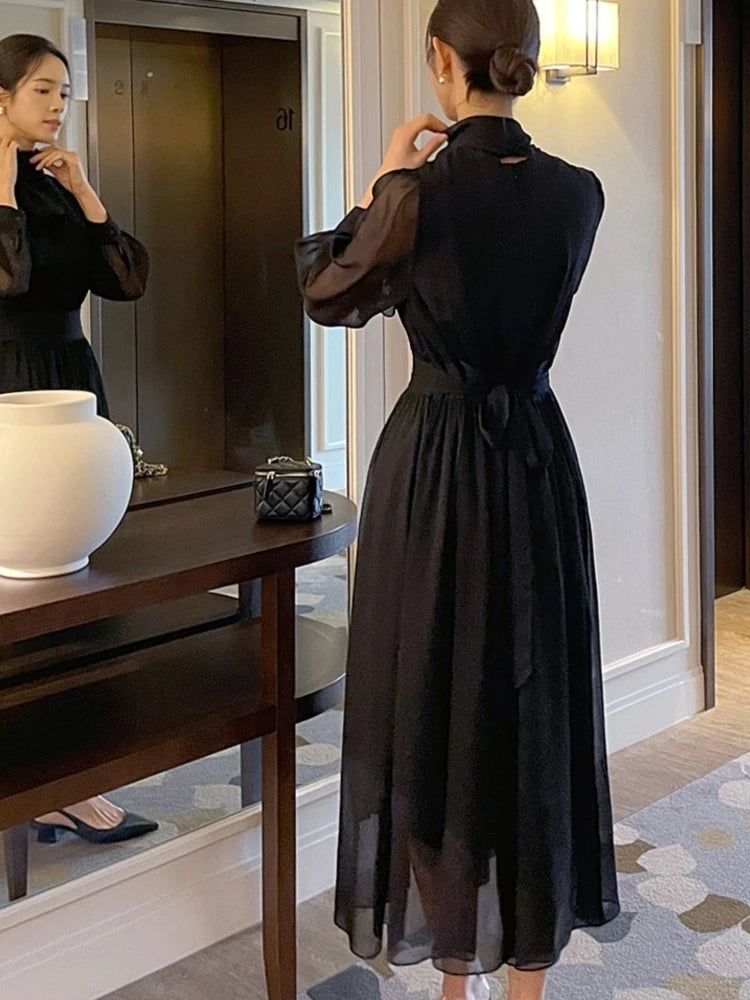 Midi Dresses for Long Sleeves Half High Collar Lace-up A-line Korean Autumn New One Piece Vestido Mujer
