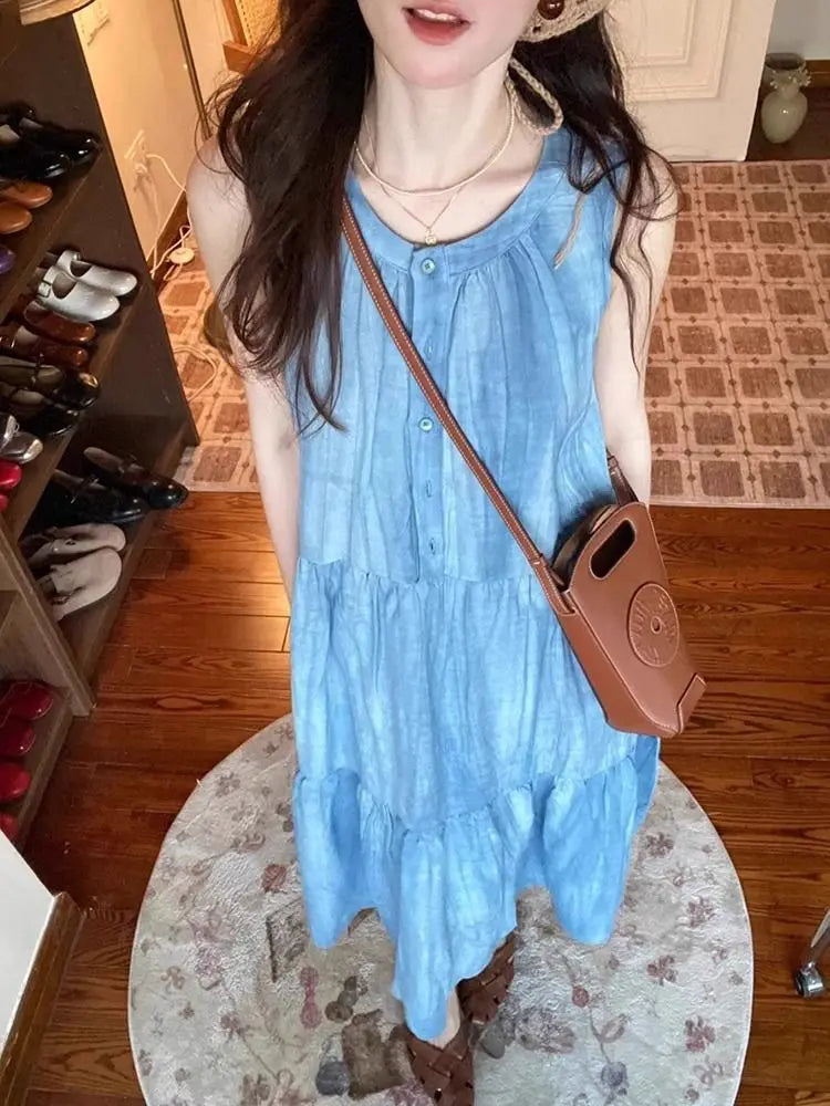 Blue Sleeveless Strap Dress Children Wear New Summer French Style Seaside Vacation Vest Long Dress Loose