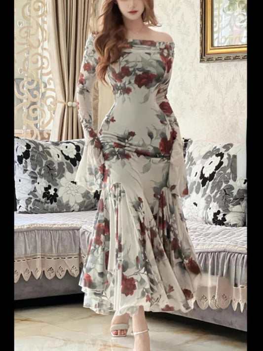 Summer French Print Midi Dress One Shoulder Dress Korean Even Party Female