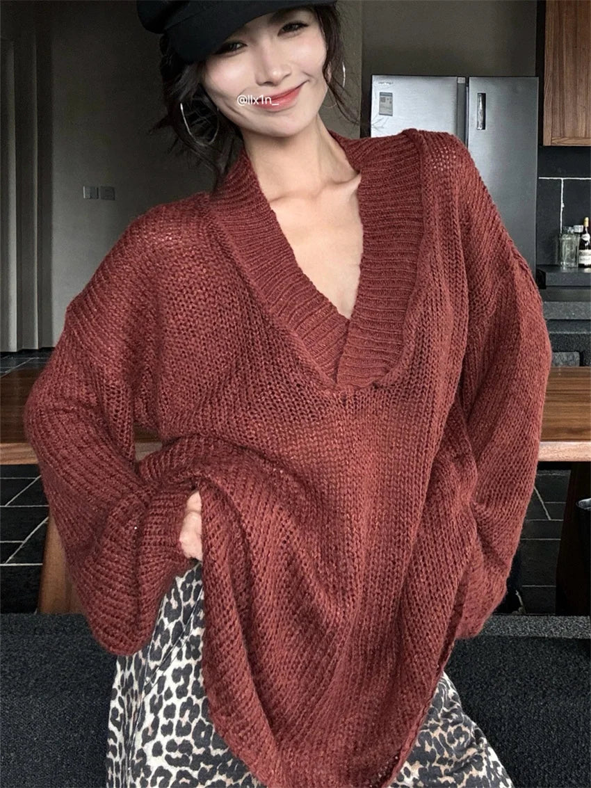 Spring Lazy Style Sweaters Loose Vneck Pullovers New Oversize Knitted All Match