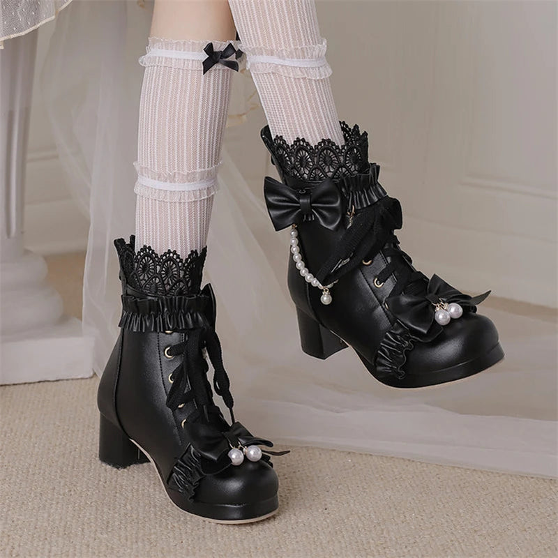Lolita Ankle Short Boots Round Toe Kawaii Thick Mid Heels Zipper Bead Bow Laceup Lady Cosplay Shoes Autumn Winter