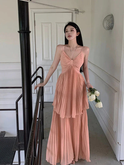 Pleated Maxi Dress for Spaghetti Strap Halter Vacation Robe Style Summer Birthday Dresses Clothes
