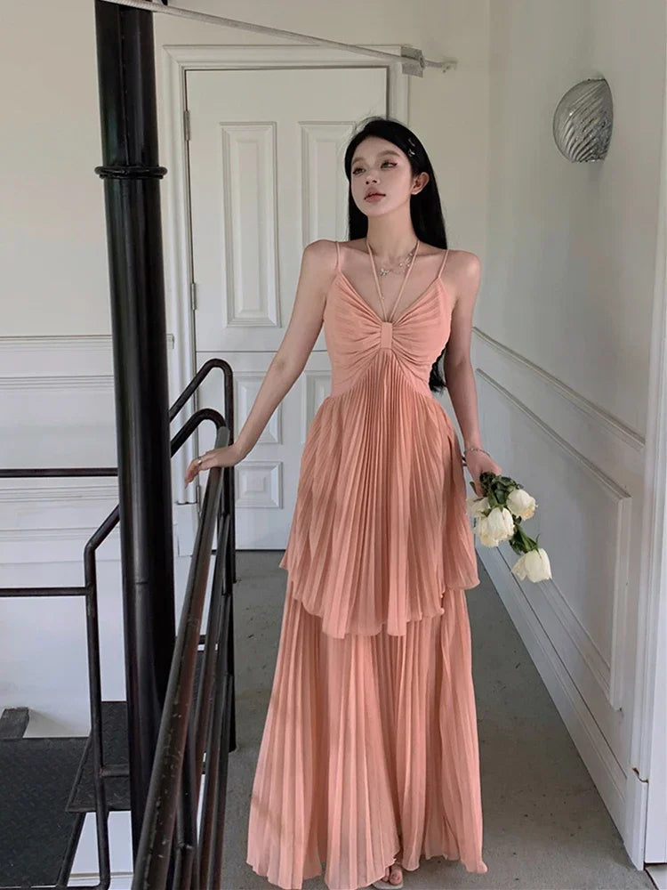 Pleated Maxi Dress for Spaghetti Strap Halter Vacation Robe Style Summer Birthday Dresses Clothes