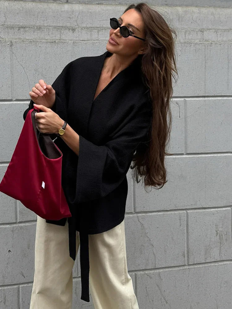 New Black Lace Up Overcoats Autumn Office Jackets Slim Fit Pleated Coat V-neck Commute for Lady Coats