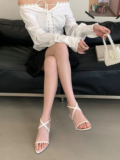 Summer White Sandal for Corss Ankle Buckle Strap Shoes Pointed Open Toe Thin Low Heels Sandalias