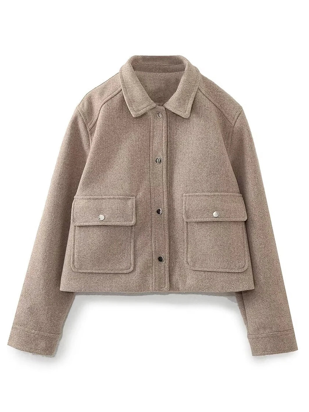 Pockets Cropped Jacket Woman Spring Turn Down Collar Long Sleeve Khaki Short Coat New Outerwear Tops