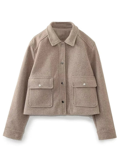 Pockets Cropped Jacket Woman Spring Turn Down Collar Long Sleeve Khaki Short Coat New Outerwear Tops