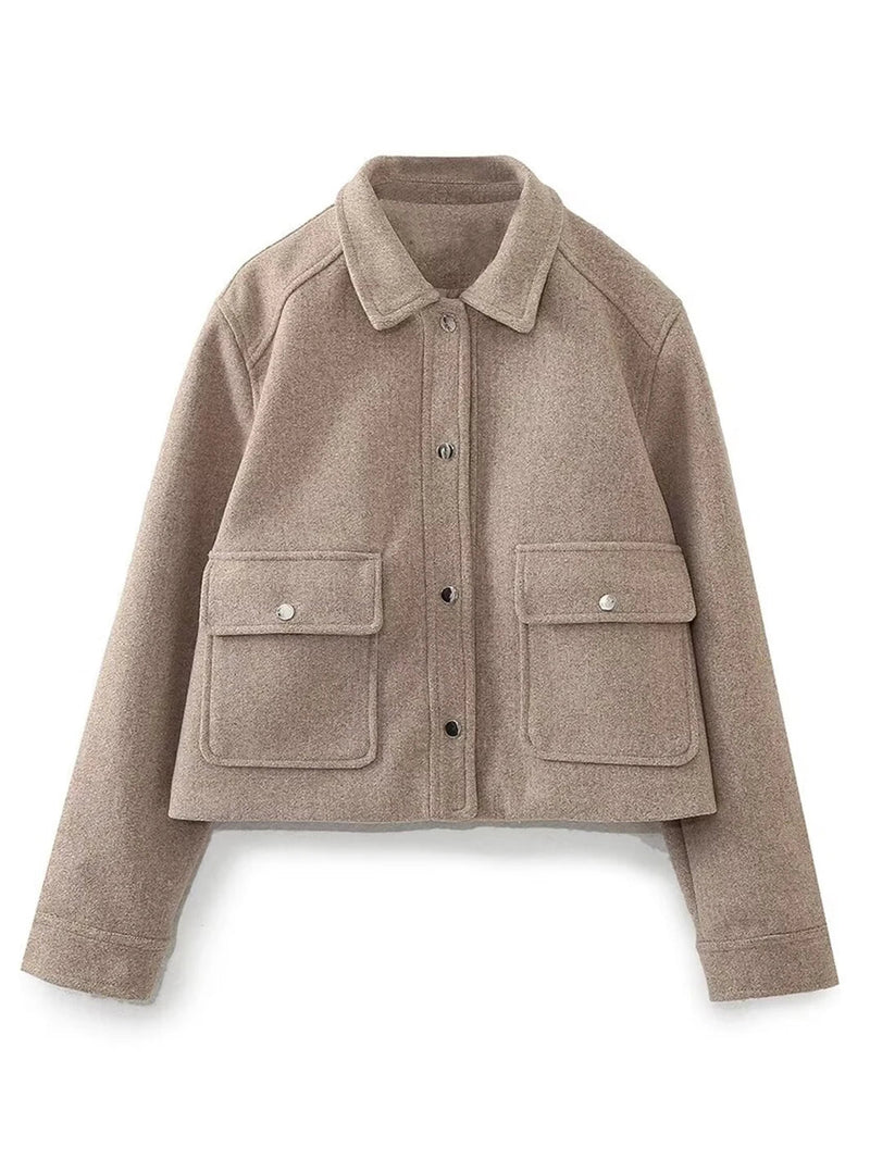 Pockets Cropped Jacket Woman Spring Turn Down Collar Long Sleeve Khaki Short Coat New Outerwear Tops
