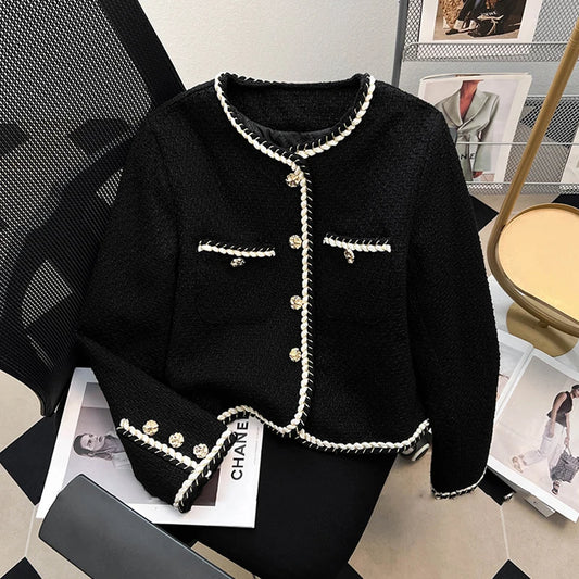 Black Tweed Jacket Cropped Quilted Coat Commute Blazer Winter Korean Thicken Short Outerwear