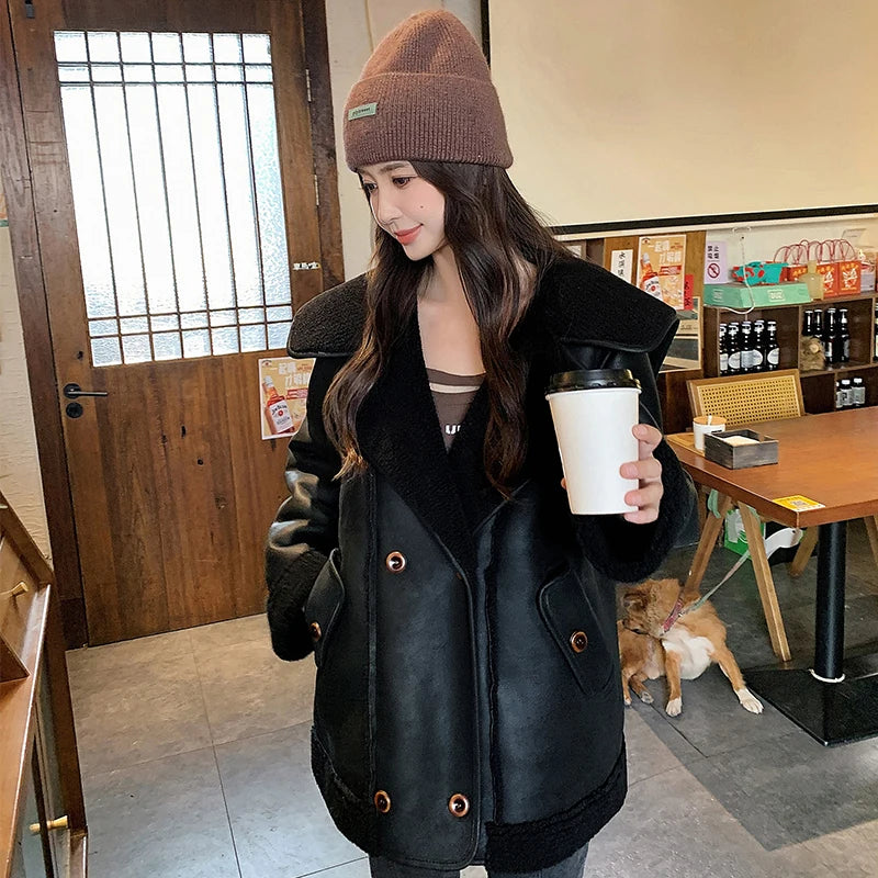 Sweet Hot Girl Lamb Wool Coat Winter Thick Turndown Collar Sueded Doublesided Fur Coat Female Clothes