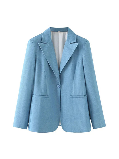 Spring Denim Blazer for Long Sleeves Pockets Lapel Single Button Jacket Female Loose Causal Coat