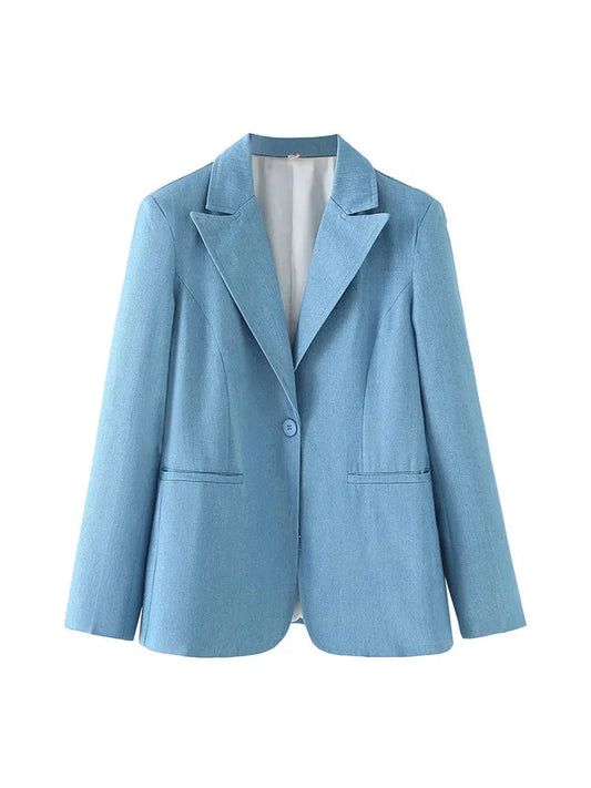Spring Denim Blazer for Long Sleeves Pockets Lapel Single Button Jacket Female Loose Causal Coat