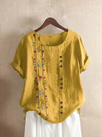Flower Embroidery Cotton Linen Shirt Summer O-neck Short Sleeve White Pullover Top Street Blouse