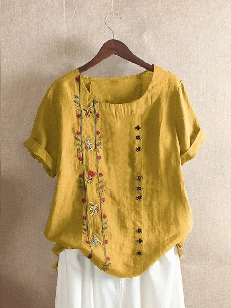 Flower Embroidery Cotton Linen Shirt Summer O-neck Short Sleeve White Pullover Top Street Blouse