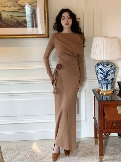 Sweater Skirt Sets Retro Skew Collar Irregular Pull Femme+3d Bandage Slim Bodycon Skirts