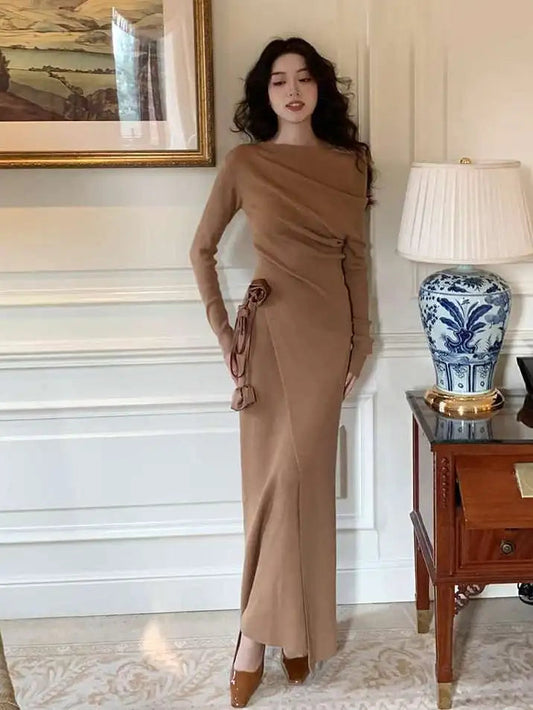 Sweater Skirt Sets Retro Skew Collar Irregular Pull Femme+3d Bandage Slim Bodycon Skirts