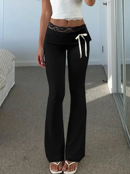 Lace Trim High Waist Flared Pants Hotsweet Y2k S Basic Trousers