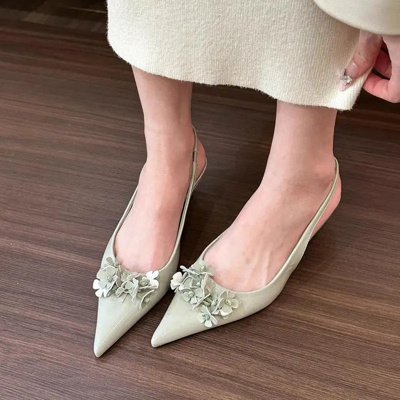 Sandals ，summer New Pointy Flower Sandals, Midheel Back Empty Single Shoes, Shoes