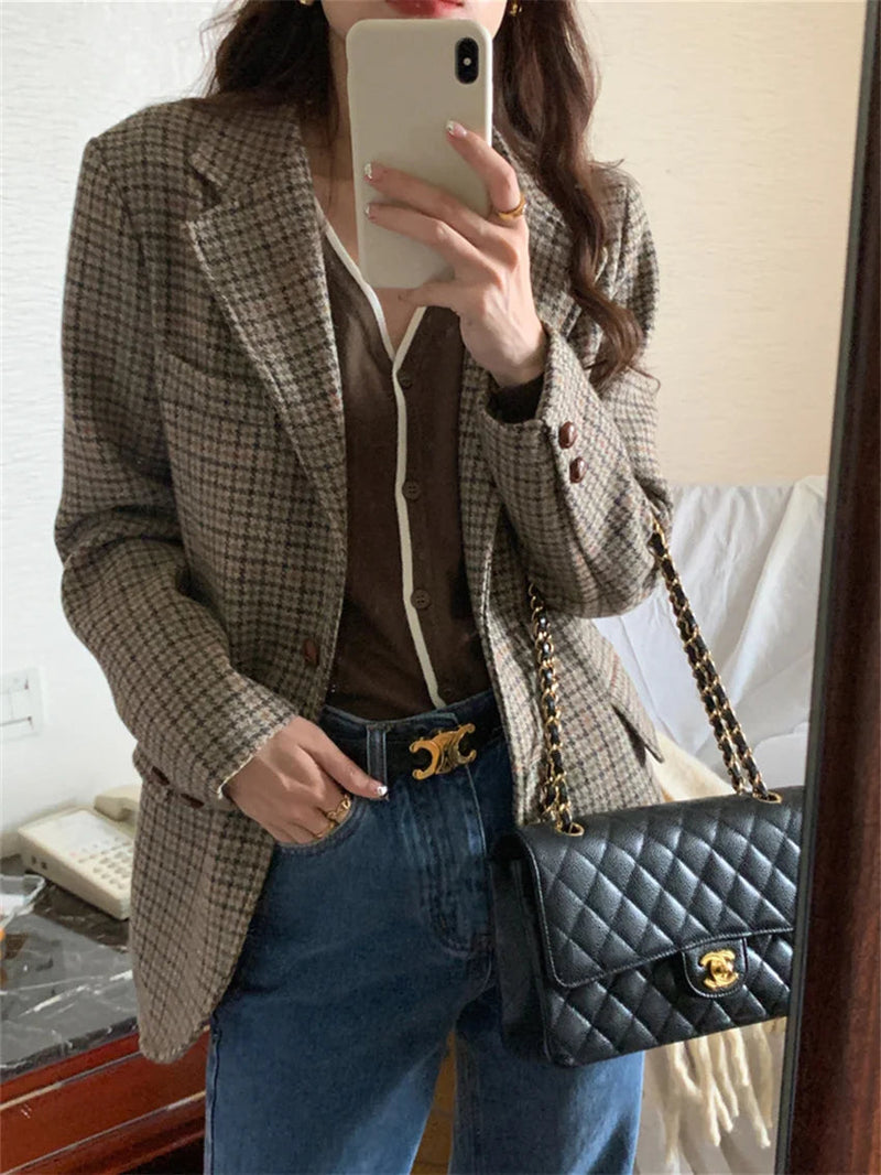 Ol Blazers Slim Autumn Woolen Office Lady Work Wear Plaid Mujer Coats Daily Houndstooth