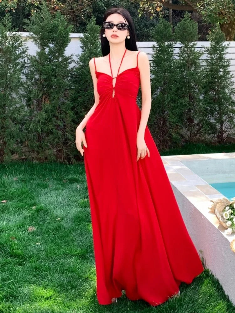 Backless Long Dresses Spaghetti Strap Halter Laceup Wedding Evening Party Dress French Style Aline Vestidos