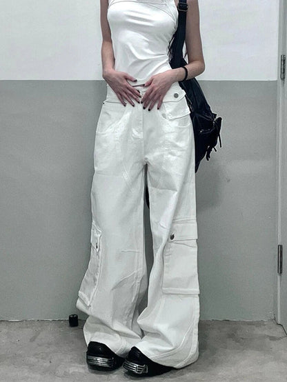 Summer White Jeans High Waist Baggy Y2k Trend Straight Cargo Pants Street American Wide Leg Denim Trouser