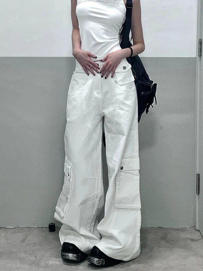 Summer White Jeans High Waist Baggy Y2k Trend Straight Cargo Pants Street American Wide Leg Denim Trouser