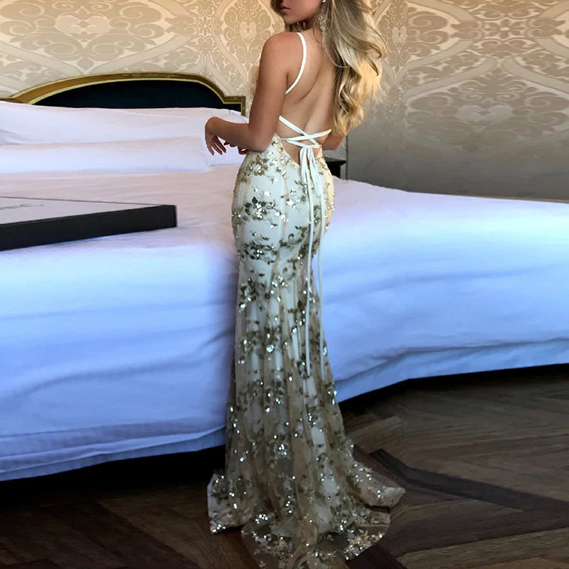 Vneck Glitter Sequin Shiny Club Party Dress Spring Crisscross Tie Up Long Mermaid Dress Summer Hollow Sling Maxi Dresses