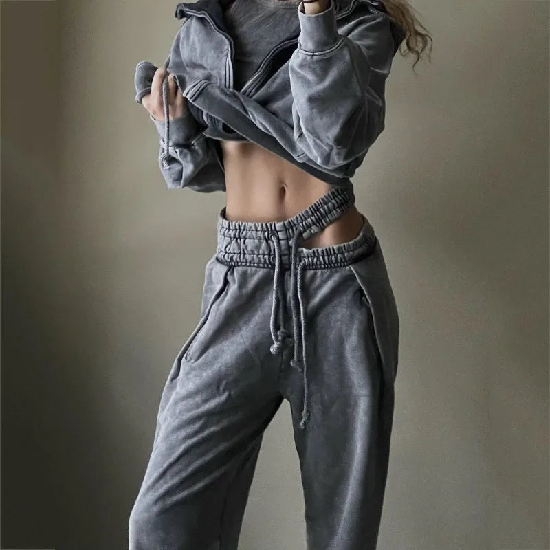 Sweatpants Gray Loose Wide Leg Trousers Hollow Out Female Clothing