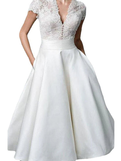 Summer New American Temperament White Lace Dress Stitching Vneck Shortsleeved Party Dresses