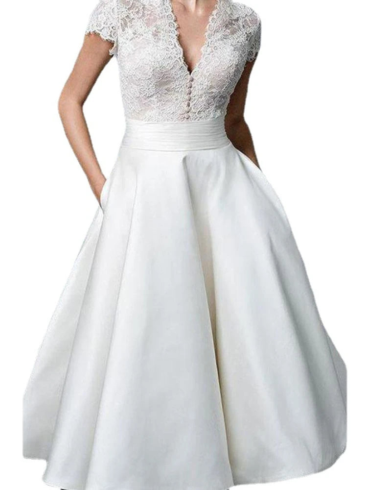 Summer New American Temperament White Lace Dress Stitching Vneck Shortsleeved Party Dresses