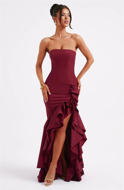Strapless High Split Ruffle Long Dress for Off-shoulder Backless Sleeveless Bodycon Club Party Dress