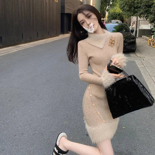 Knitted Dresses Autumn Winter Furry Patchwork Slim Stretch Sweater Dress Basic Long Sleeve Female
