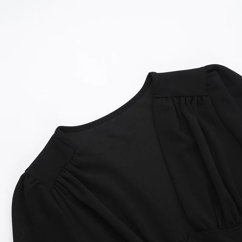 Low Cut Long Sleeve Pleated Mini Dress Wrap Waist Slim Party Vestido Spring Fall Harajuku Y2k Clothes