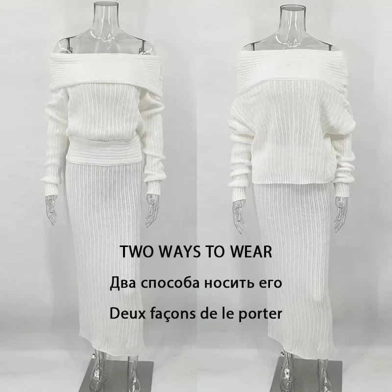 Knitted Skirt 2 Piece Set ’s One-shoulder Long Sleeves Sweater Pullover Slim Fit Long Skirt Suit Autumn New