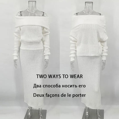 Knitted Skirt 2 Piece Set ’s One-shoulder Long Sleeves Sweater Pullover Slim Fit Long Skirt Suit Autumn New