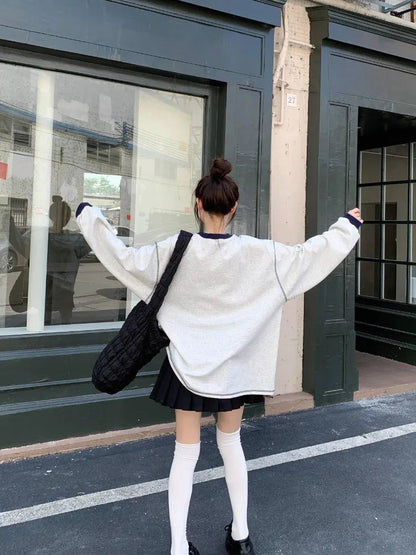 3d Bow Contrast Color Hoodies Round Neck Gray Sweatshirts Autumn Korean Loose Agereducing Cat Print Loose Top