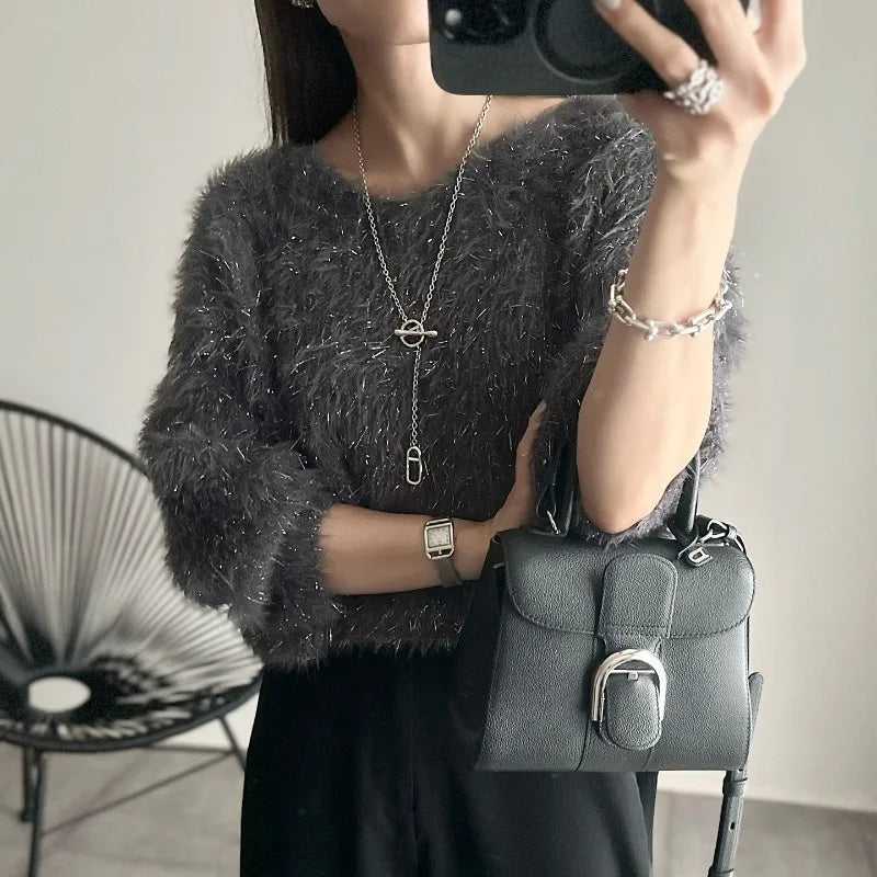 Sweet Hot Girl Vneck Sweater Longsleeved Bright Silk Knitted Pullover Female Clothes